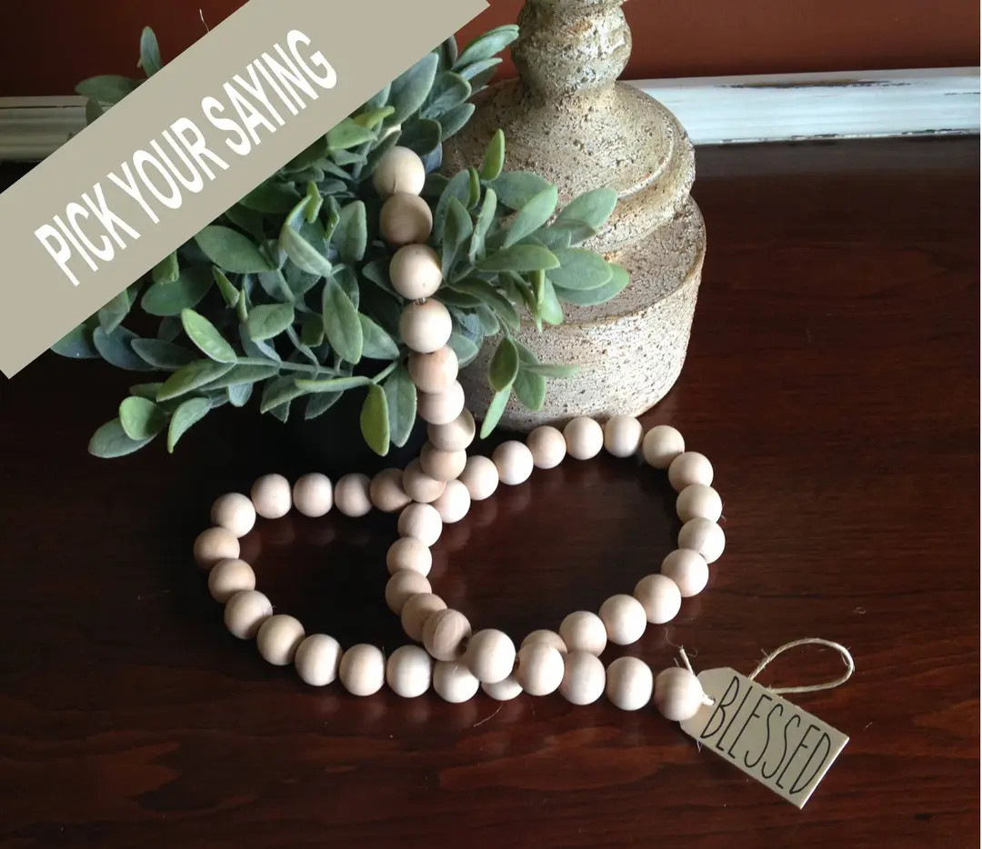 Natural Wood Bead Farmhouse Style Decorative Garland 44". Natural wood garland, Rustic Bead Garla... | Etsy (US)