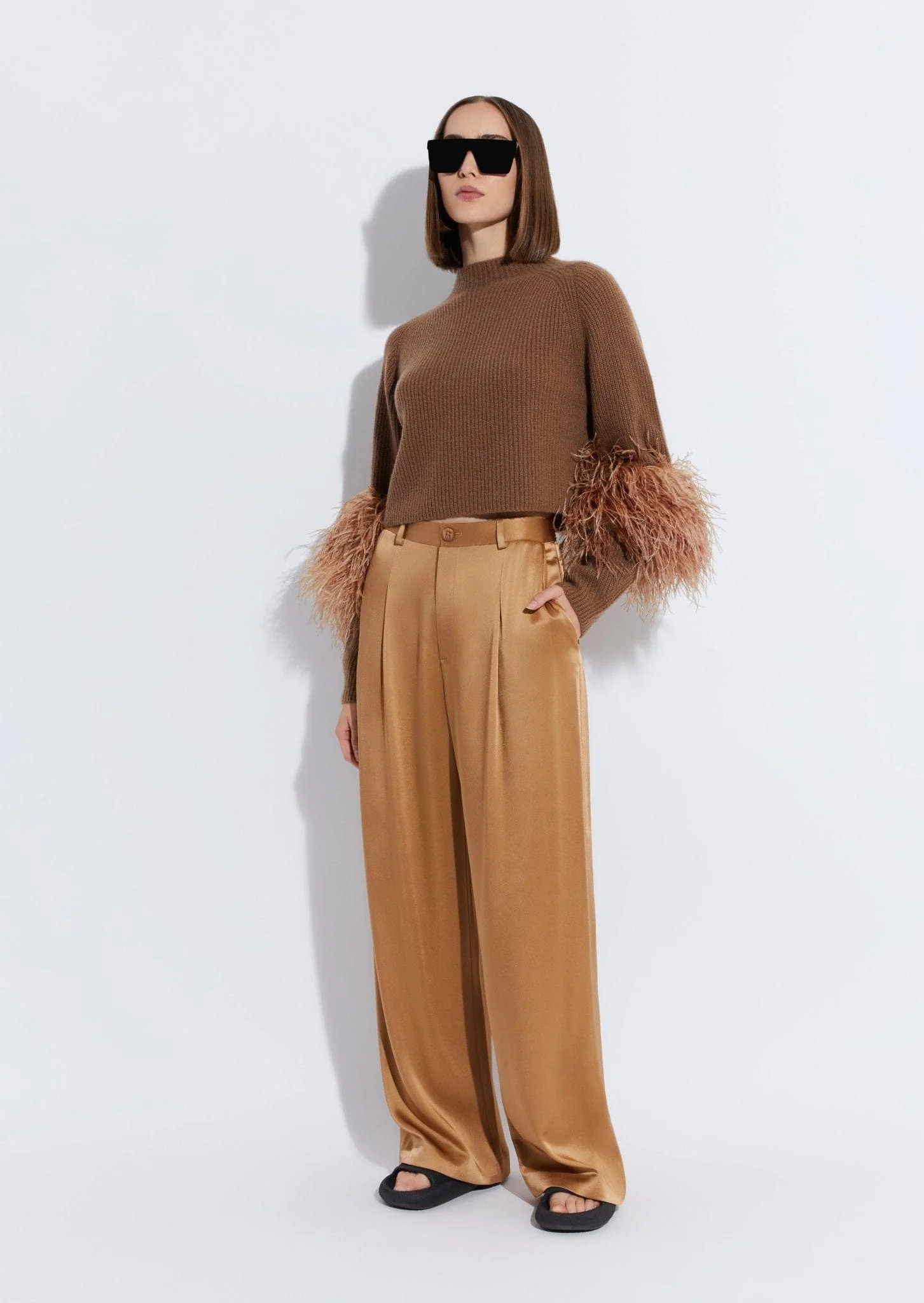 Cashmere Silk Cropped Raglan Sweater With Feathers | LAPOINTE