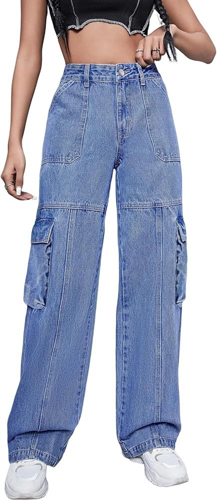 Women's High Waist Cargo Jeans Flap Pocket Non-Stretch Wide Leg Y2K Denim Pants | Amazon (US)