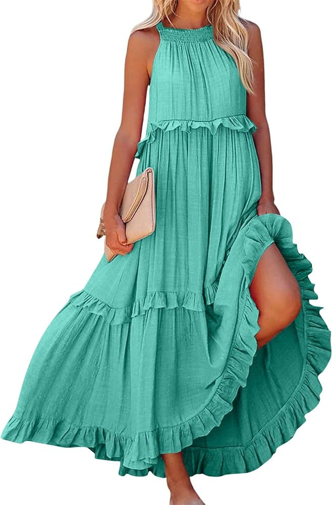 Smocked Dress Women Summer Sleeveless Tank Sundress Halter Tie Back Loose Flowy Ruffle Maxi Dress... | Amazon (US)