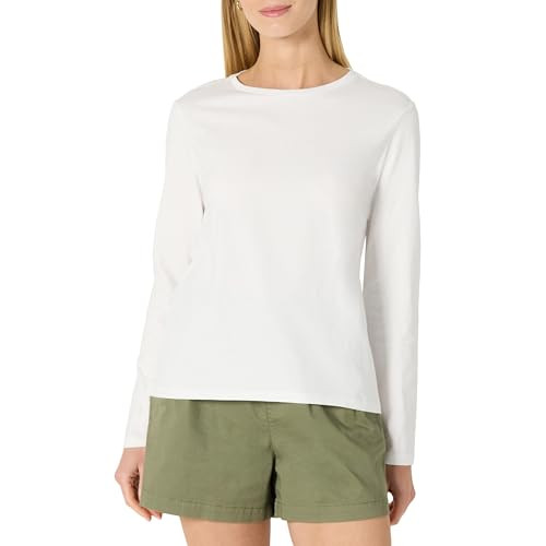 Amazon Essentials Women's 100% Cotton Regular-Fit Long-Sleeve Crewneck T-Shirt, White, Large | Amazon (US)