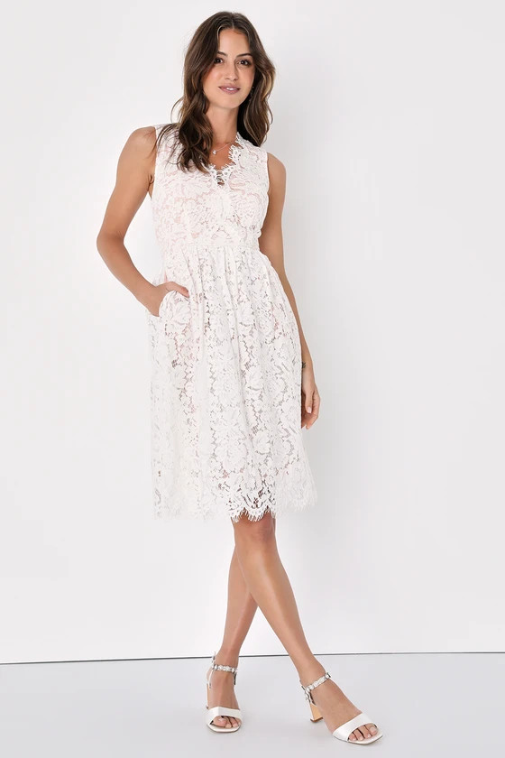 Love Swept White Lace Midi Skater Dress With Pockets | Lulus (US)