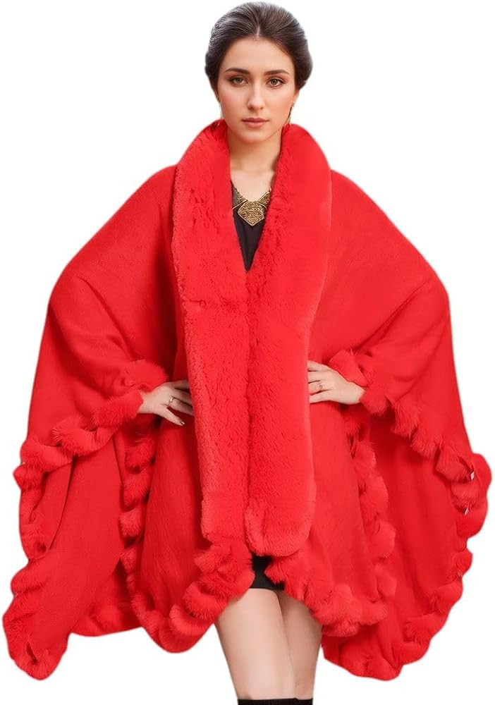 Faux Fox Fur Trim Cardigan Cloak Shawl Wraps Winter Poncho Oversized Cape | Amazon (US)