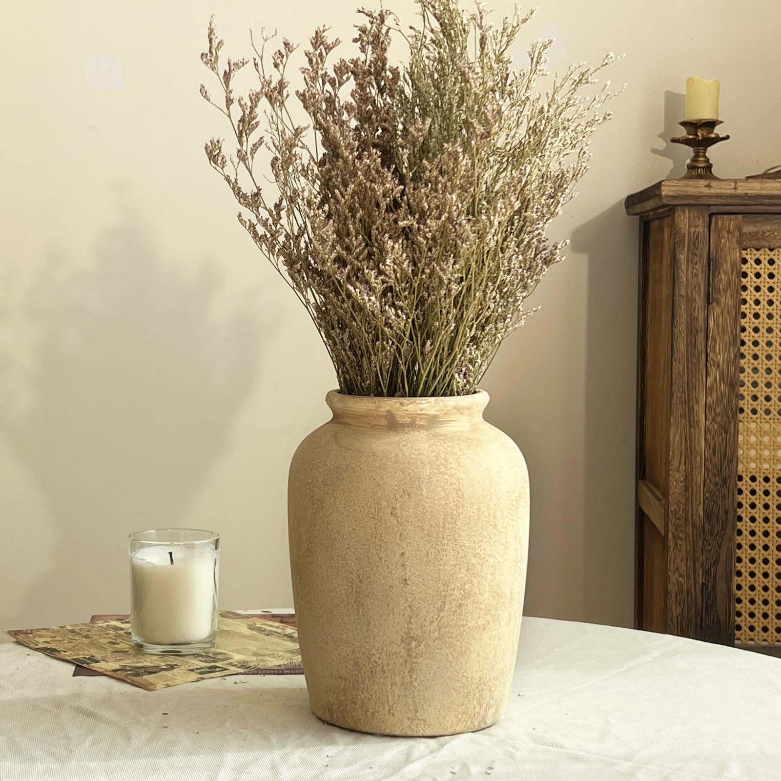 7.95 Inch Beige Ceramic Vase, Rustic Farmhouse Flower Vase for Home Decor, Ceramic Rustic Vases f... | Amazon (US)