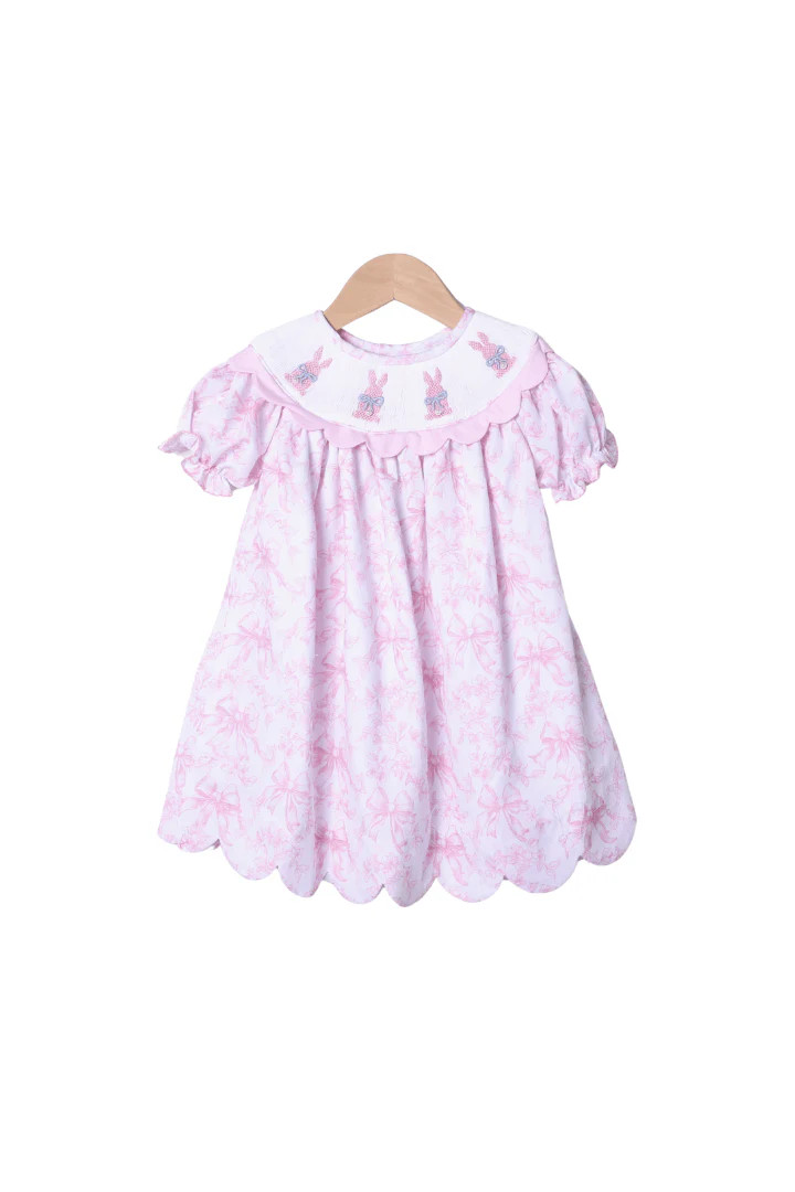 Smocked Bunny Pink Toile Pearl Scalloped Dress | The Smocked Flamingo