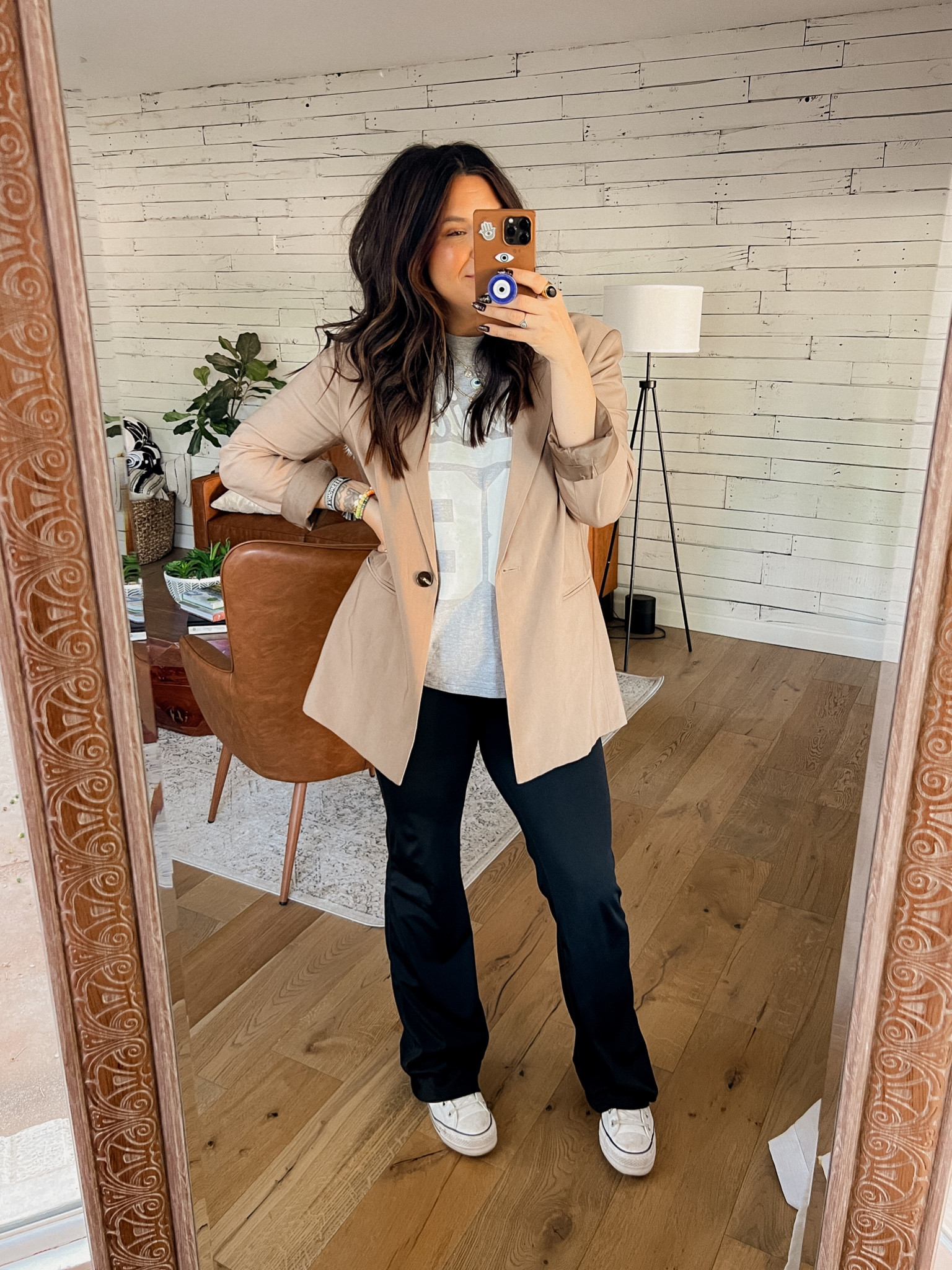 Elevated casual style. 
Blazer + Flare Leggings
Blazer: XL
Tee: XL
Flare Leggings: XL 35” inseam (I am 5’7” tall)
Converse High top: size down 1/2


#LTKfindsunder50 #LTKmidsize #LTKstyletip