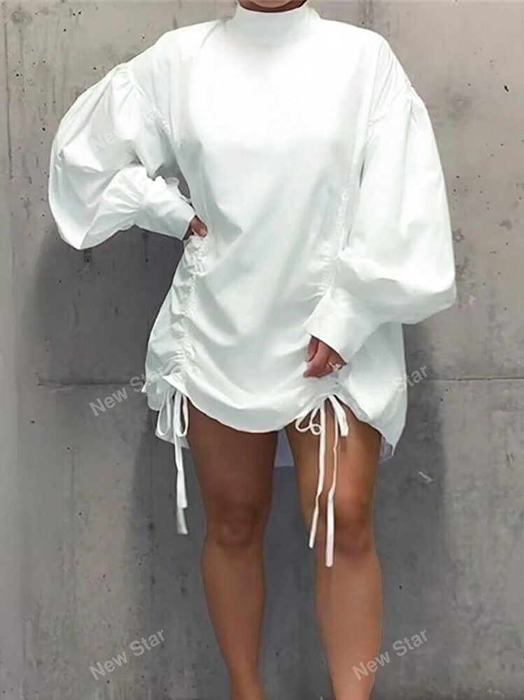 Women's Street Style Loose Fit Solid Color Lantern Sleeve Dress With Stand Collar | SHEIN