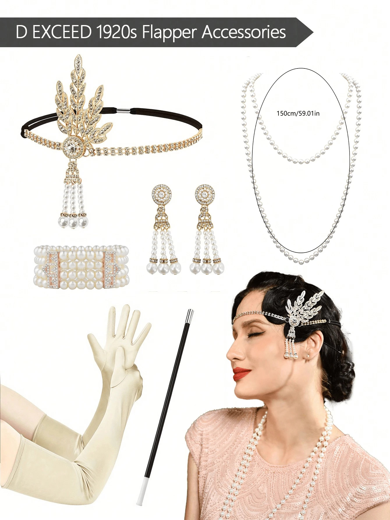 D EXCEED 6 PCS 1920s Women Great Gatsby Accessories Set Flapper Headpiece Pearl Necklace Earrings... | SHEIN