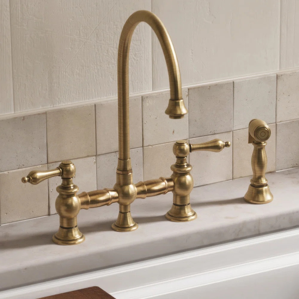 Whitehaus Collection Bridge Faucet with Long Gooseneck Swivel Spout, Lever Handles and Solid Brass Side Spray | Wayfair North America