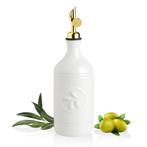 Sweejar 16 Oz Ceramic Olive Oil Dispenser Bottle, Oil Dispenser for Kitchen with Gravity Spout, Relief Opaque Oil Container for Evoo, Avocado Oil, Vinegar, Soy Sauce, 1 Pack(White, Gold Spout) | Amazon (US)