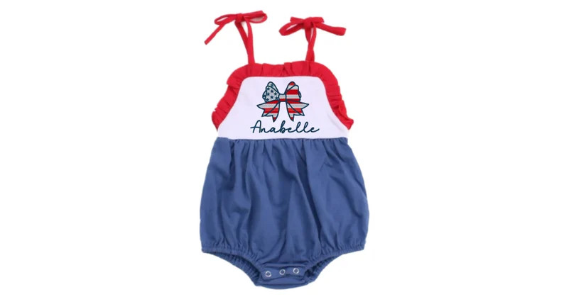 Patriotic Sunsuit With Name 4th of July Bow Romper Stars and Stripes Bubble American Flag Girl Ou... | Etsy (US)