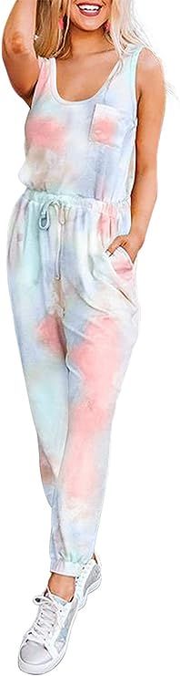 PRETTYGARDEN Women’s Short Sleeve Tie Dye Long Pajamas Set One Piece Jumpsuit Loose Sleepwear N... | Amazon (US)