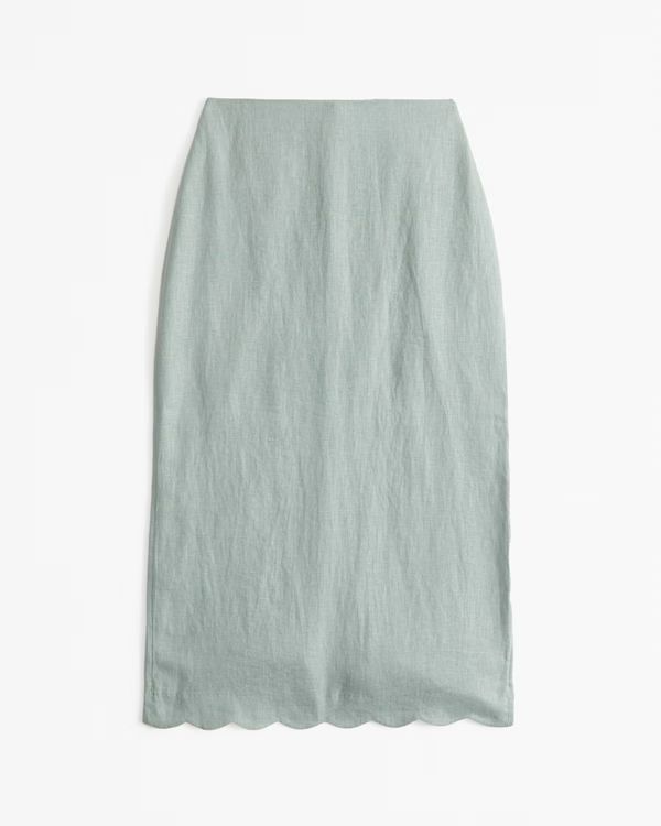 Premium Linen Scallop-Hem Midi Skirt | Abercrombie & Fitch (US)