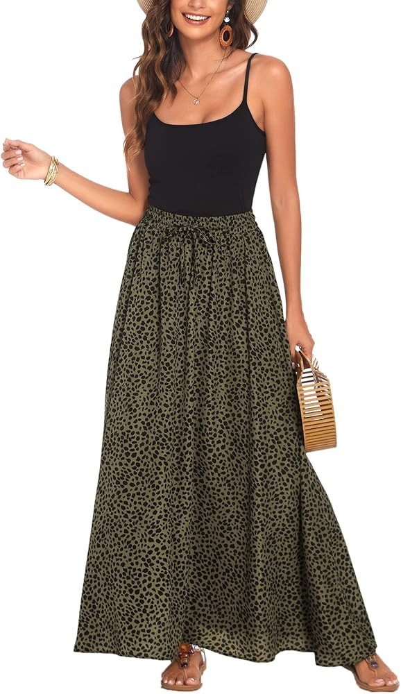 Bluetime Women Flowy Long Skirts Summer Beach Pleated Elastic High Waisted Casual Maxi Skirts | Amazon (US)