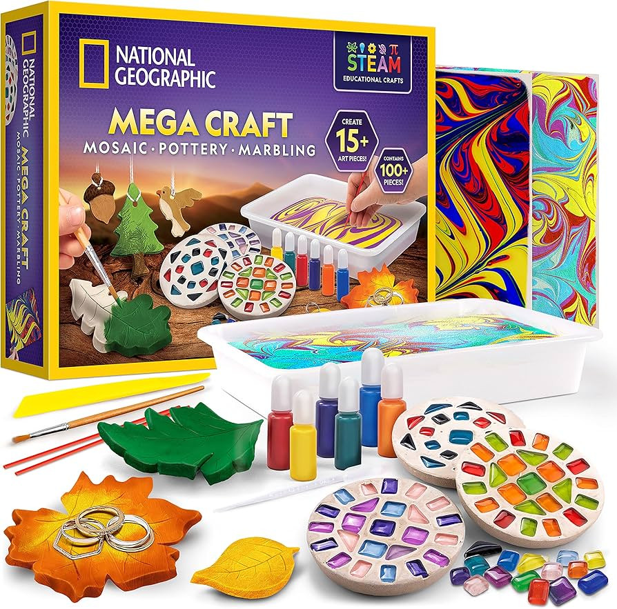 National Geographic Mega Arts and Crafts Kit for Kids – Mosaic Kit, Marbling Paint Kit & Air Dr... | Amazon (US)