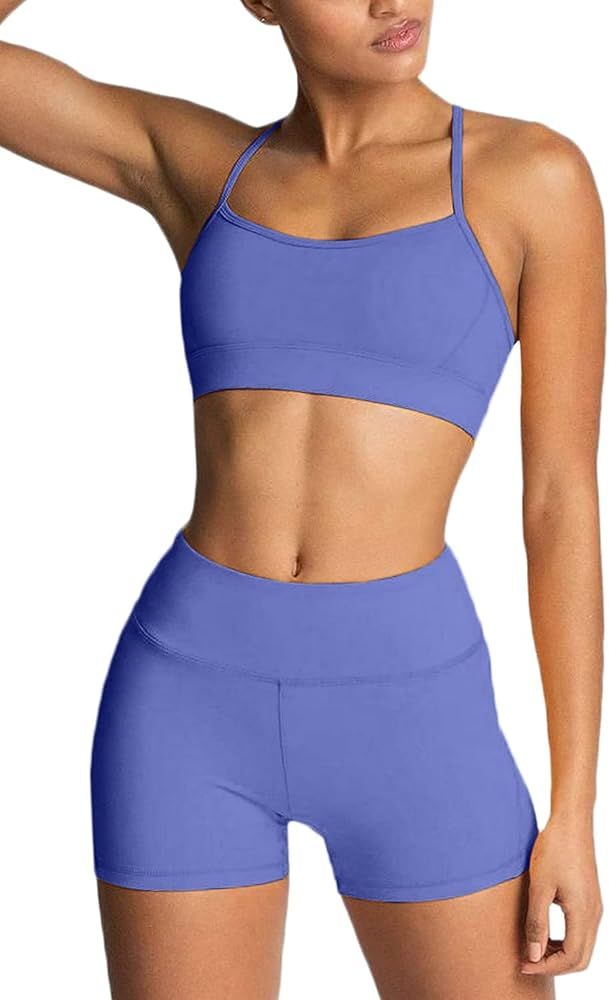 IWEMEK Women's Workout Sets 2 Piece Yoga Outfits High Waisted Yoga Leggings Shorts and Sports Bra... | Amazon (US)