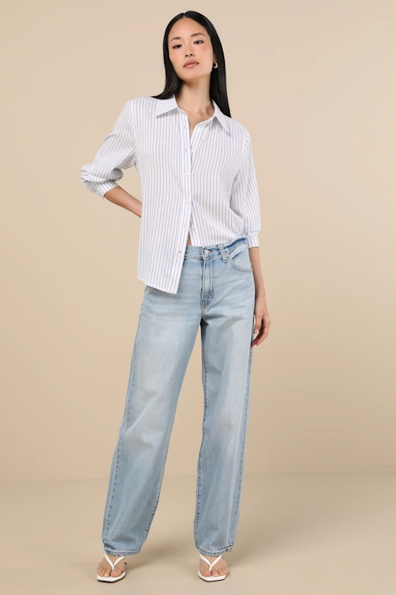 Baggy Dad Light Wash Cotton Denim Mid-Rise Wide-Leg Jeans | Lulus