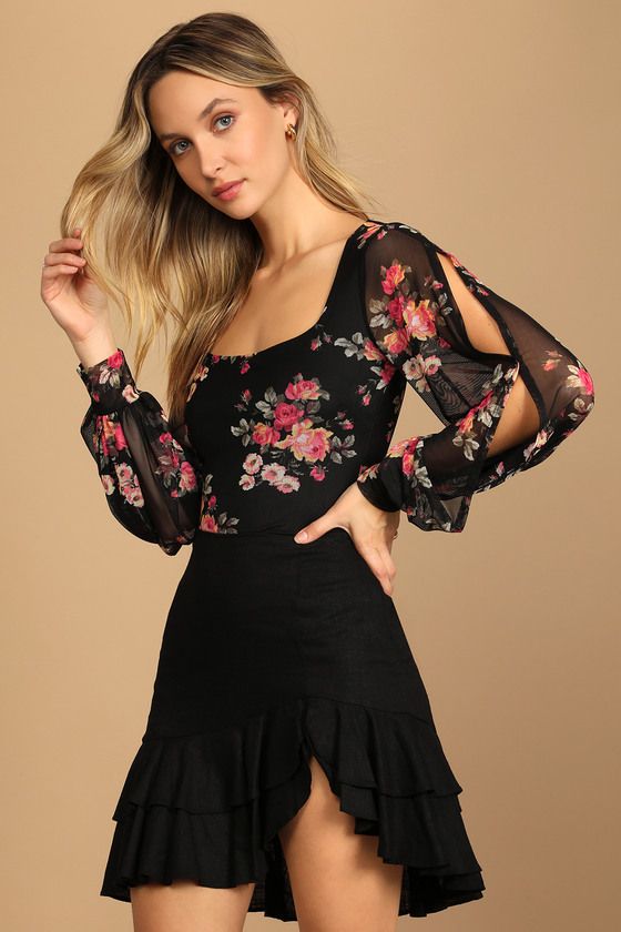 Feel the Blooms Black Floral Print Mesh Long Sleeve Bodysuit | Lulus (US)