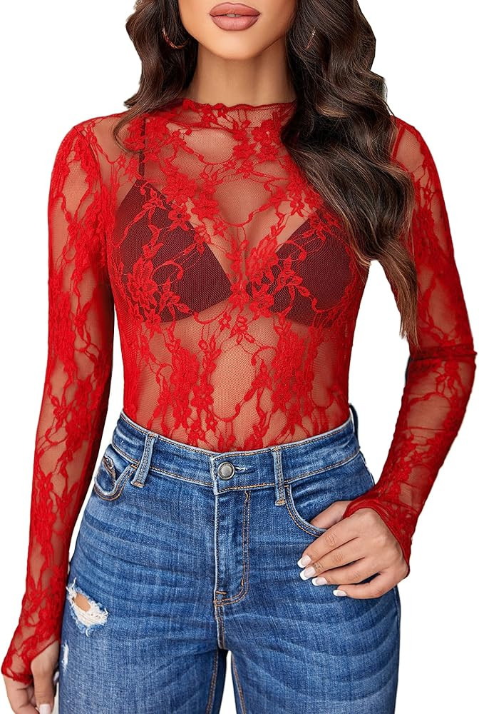 Avidlove Women's Mesh Top Long Sleeve Mock Neck Sheer Blouse See Through Floral Lace Tops | Amazon (US)