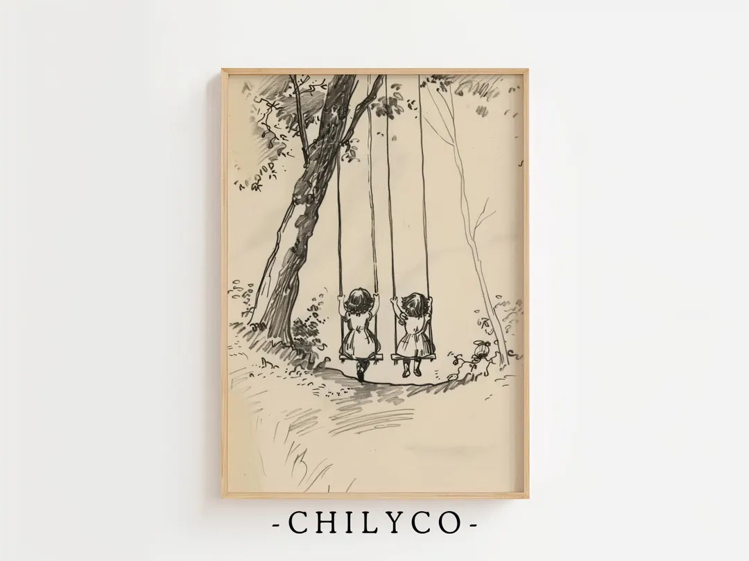 Printable Whimsical Beige Nursery Wall Art | Vintage Style Kids Swinging Drawing | Digital Downlo... | Etsy (US)