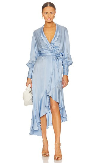 Silk Wrap Midi Dress in Sky | Revolve Clothing (Global)