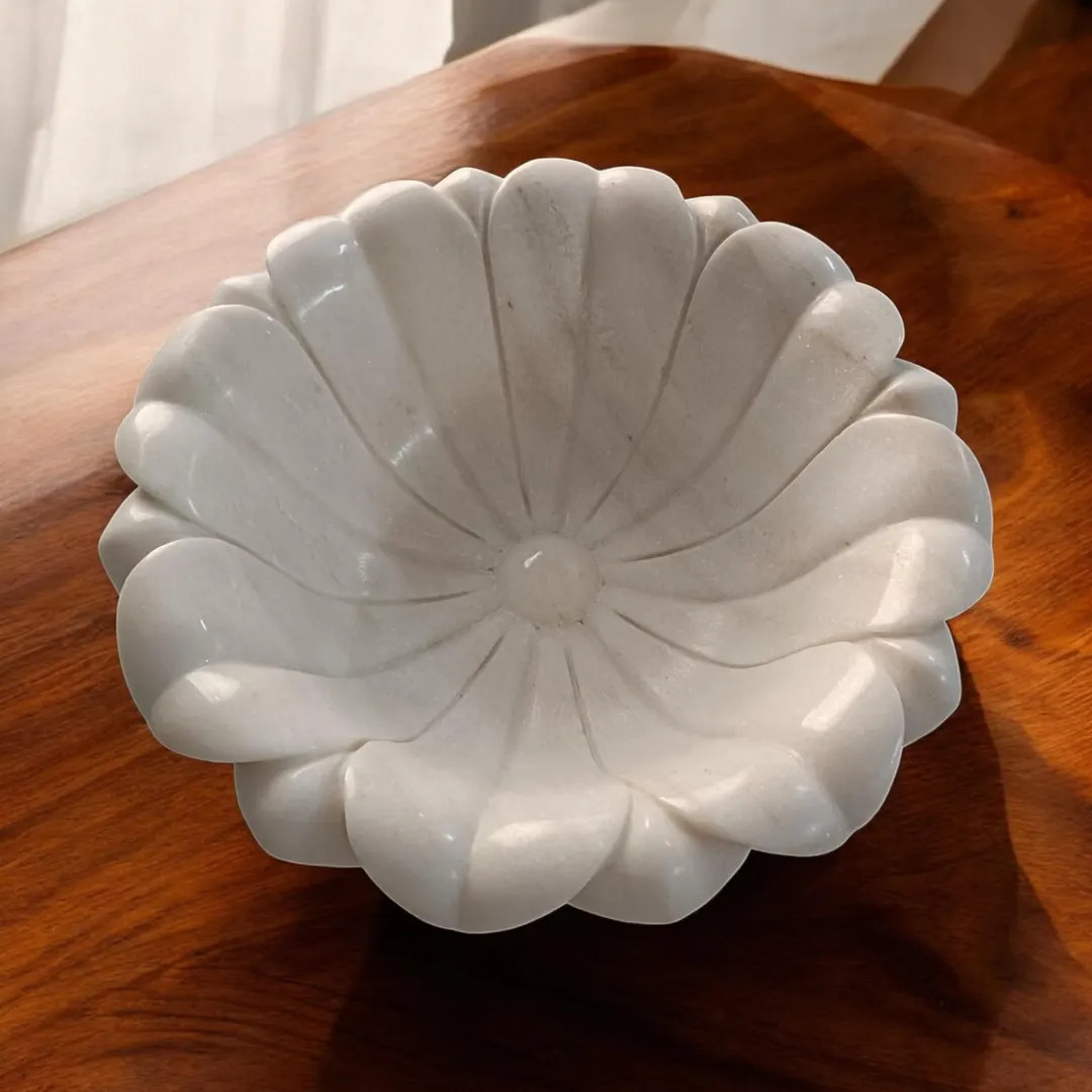 12 Inch Decorative White Marble Antique Look Floral Bowl Ruffle Bowl Fruit Bowl for Office and Ho... | Etsy (US)