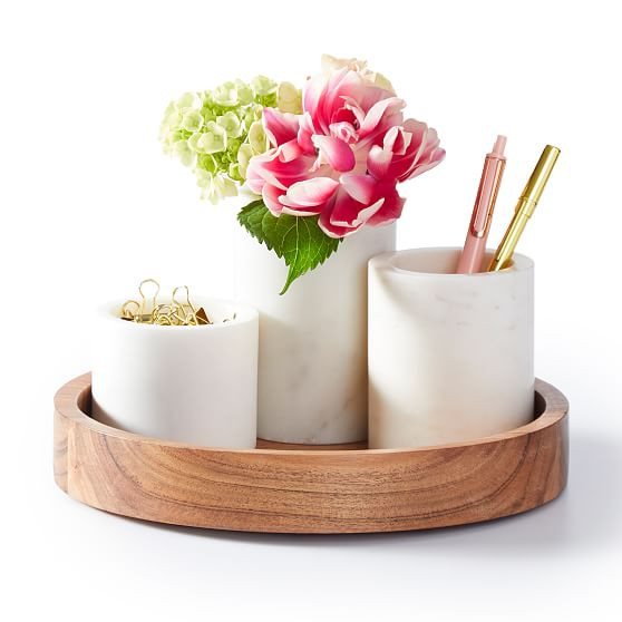 Wood and Marble Circle Desk Tray Set, White | Mark and Graham