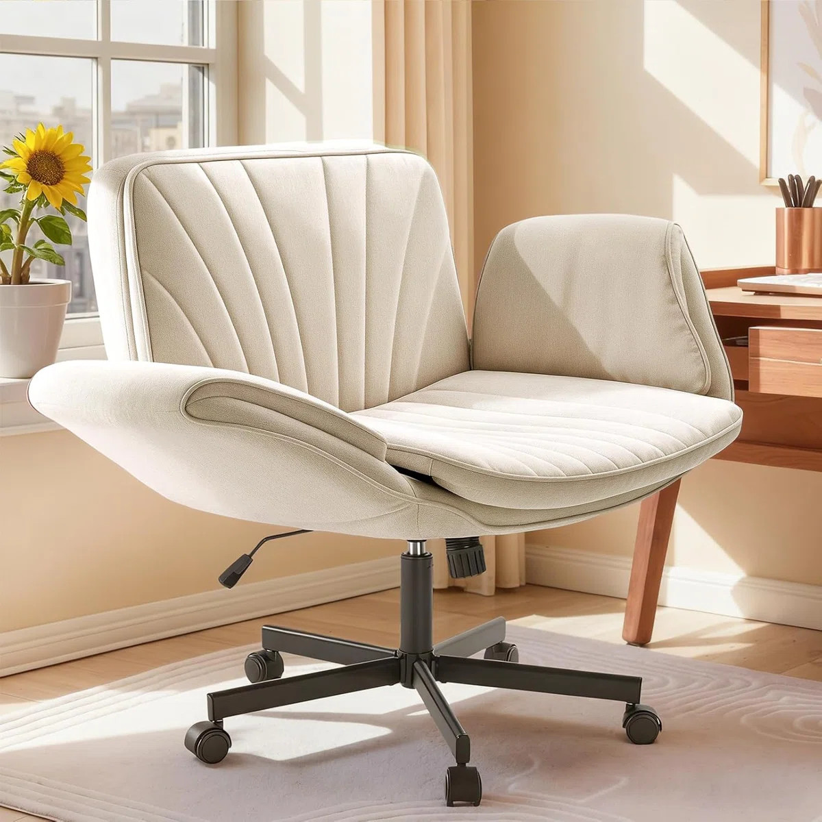 Criss Cross Chair With Wheels And Adjustable Arms，fabric Wide Cross Legged Office Chair，comfy... | Wayfair North America