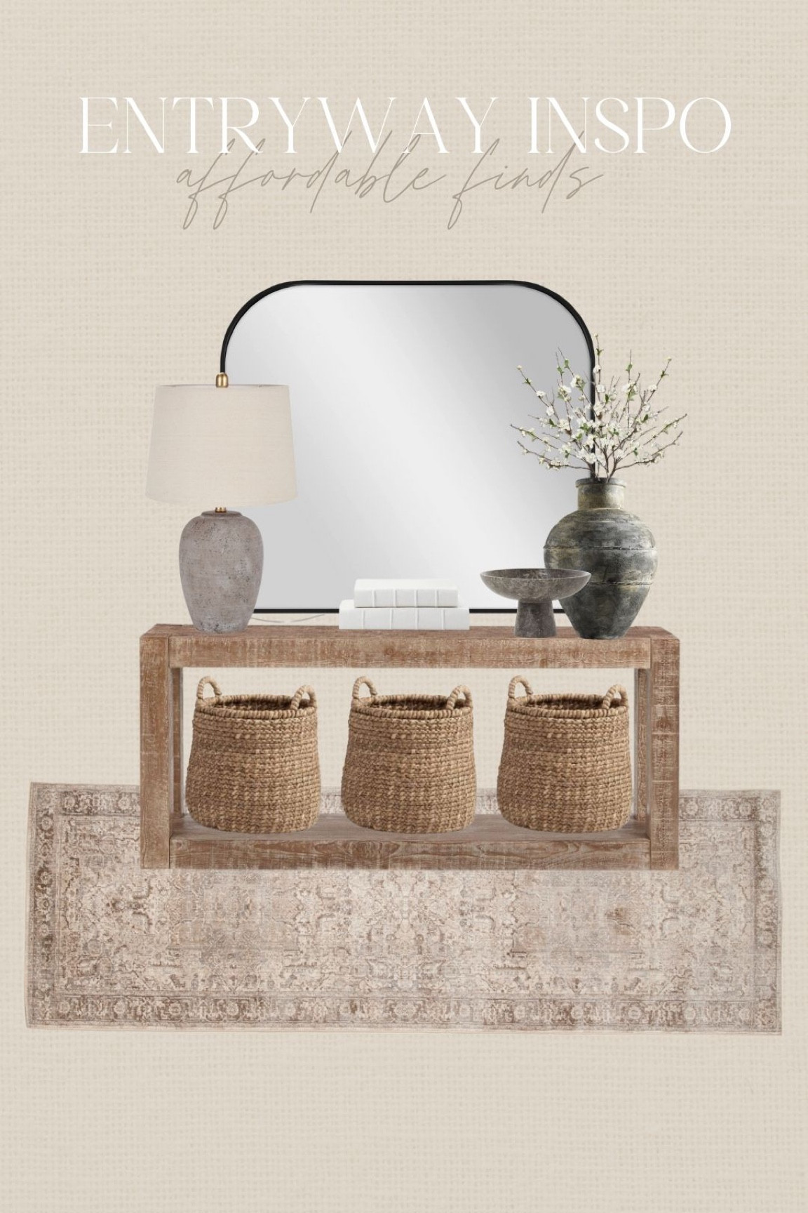 Affordable entryway inspo 🤍 #walmart #walmarthome #entryway #console #mirror #vase #lamp #runner #rug #amazon #amazonhome #homedecor #homefinds #modernorganichome 

#LTKunder100 #LTKsalealert #LTKhome