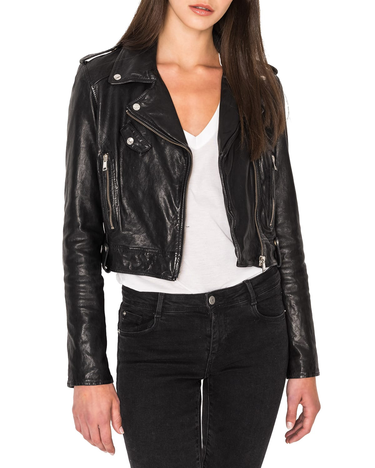 Ciara Cropped Leather Moto Jacket | Neiman Marcus