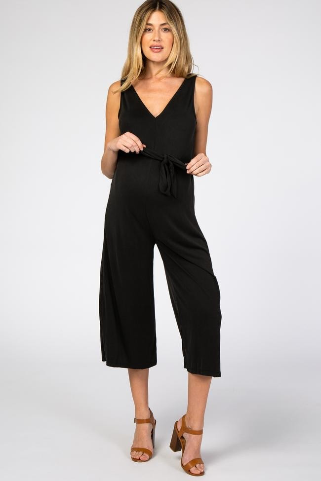 Black V-Neck Tie Waist Maternity Jumpsuit | PinkBlush Maternity