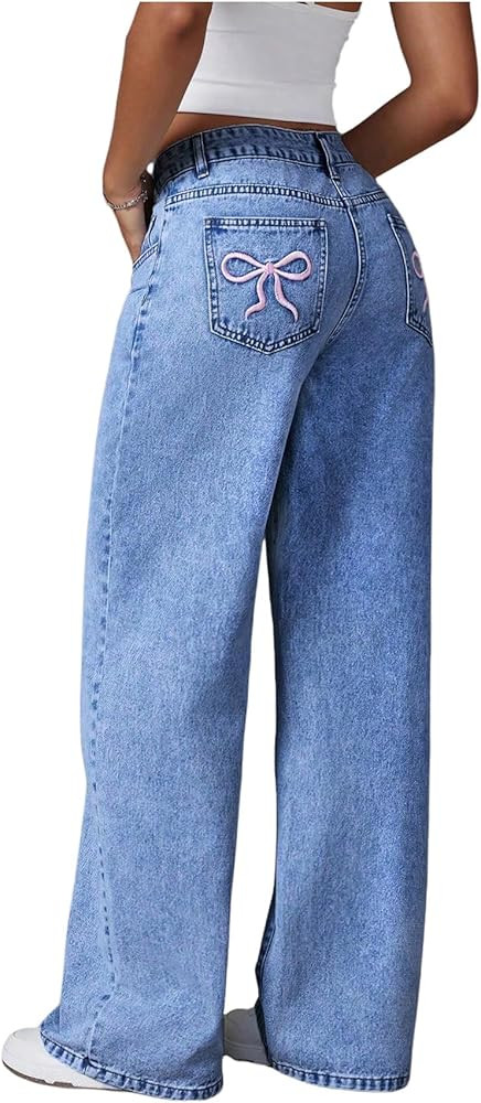 SweatyRocks Women's Bow Embroidery Loose Jeans Casual High Waist Straight Leg Denim Pants | Amazon (US)