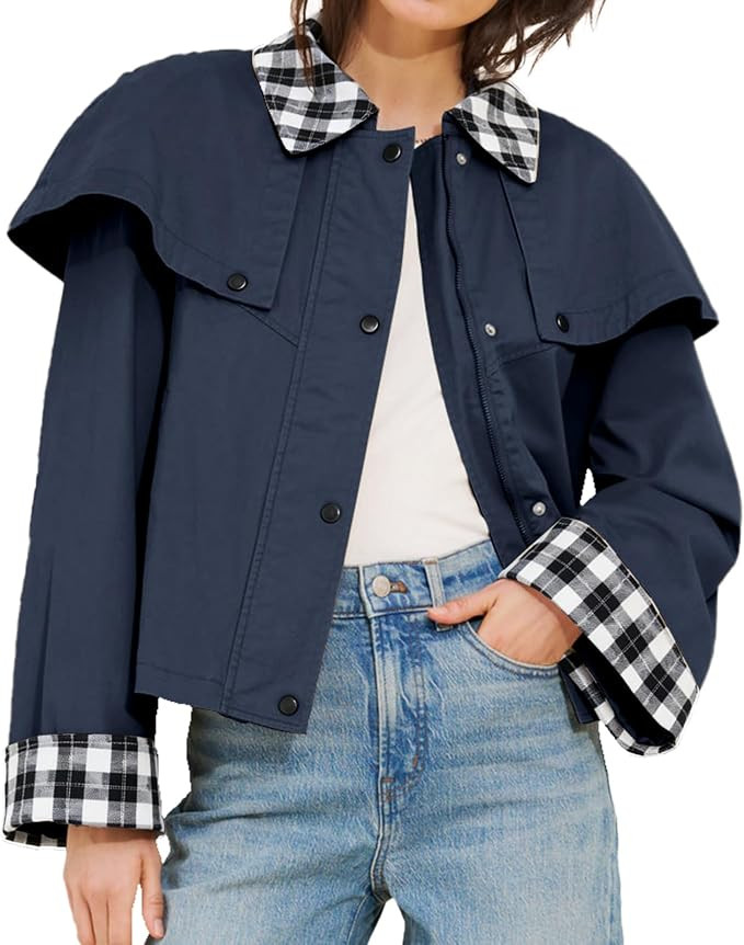 Womens Cropped Trench Coat Lightweight Gingham Short Cape Jacket | Amazon (US)