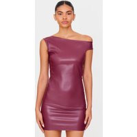 Burgundy Asymmetric Off Shoulder Faux Leather Mini Dress | PrettyLittleThing US