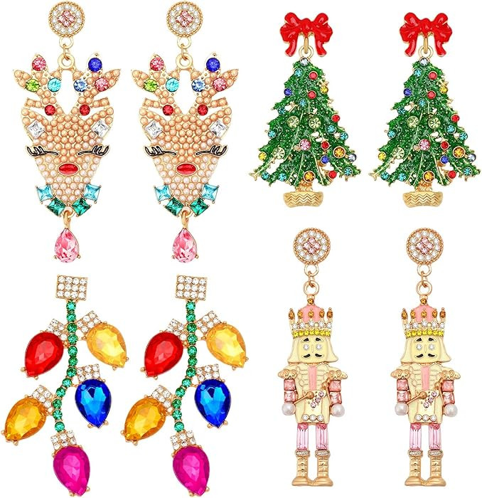 4 Pairs Christmas Enamel Earrings for Women Christmas Sparkly Crystal Stud Earrings Beaded Xmas N... | Amazon (US)