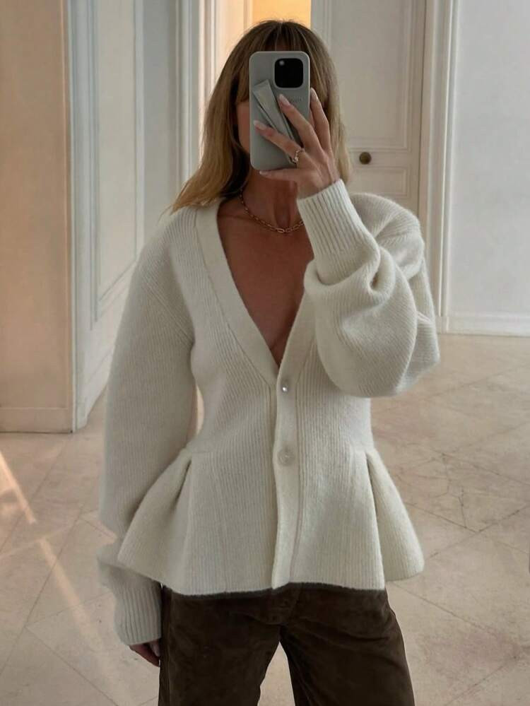 Joy Knit Women Sweater Autumn/Winter Fashion New - Basic Tops - Slimming Waist Wide Umbrella Hem V-Neck Button Knitted Cardigan Sweater Jacket - Office Outfits For Women - Going Out Tops - Party | SHEIN