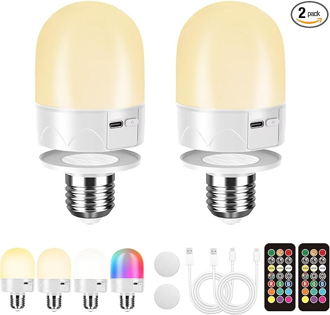 USB Rechargeable Light Bulbs With Remote Control, E26 Battery Operated Light Bulb for Lamps RGB C... | Amazon (US)