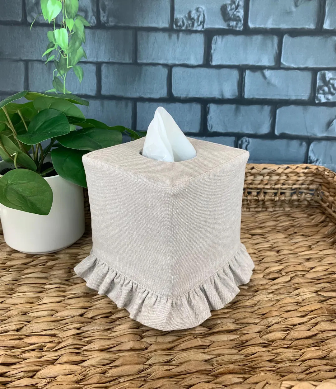 Natural Flax Linen Cotton Blend Ruffle Tissue Box Cover - Etsy | Etsy (US)