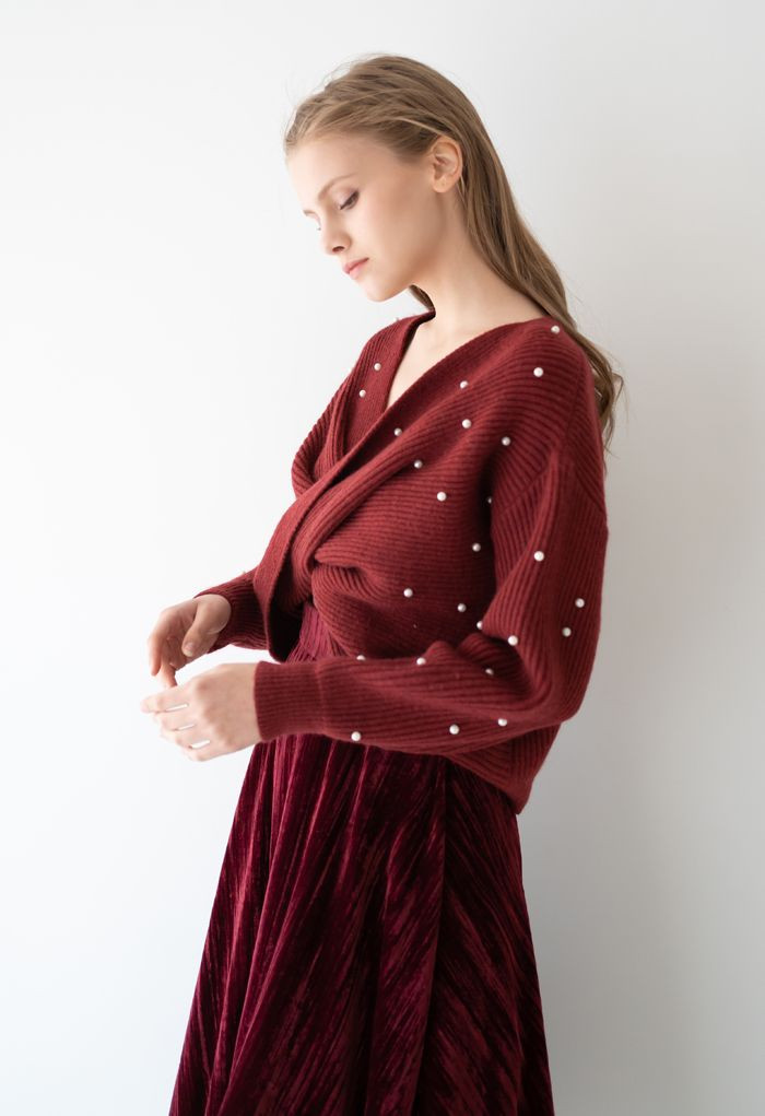 Twist Front Pearl Rib Knit Sweater in Wine | Chicwish