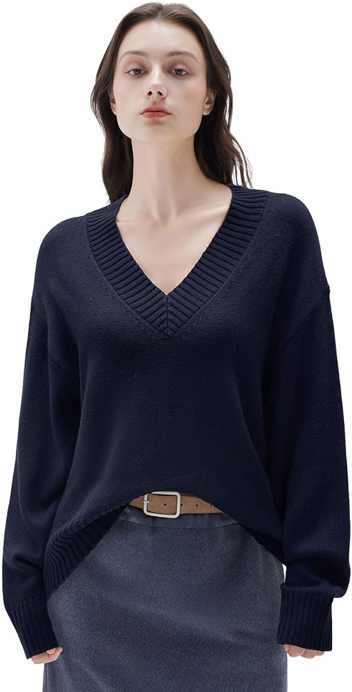 SUUKSESS Women Cashmere Oversized V Neck Pullover Sweaters Long Sleeve Jumpers | Amazon (US)