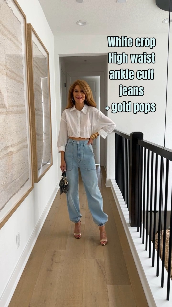 Love these mother jeans with cinched ankle! And this crop button down- my fave style for spring! 

#LTKunder100 #LTKitbag #LTKFind