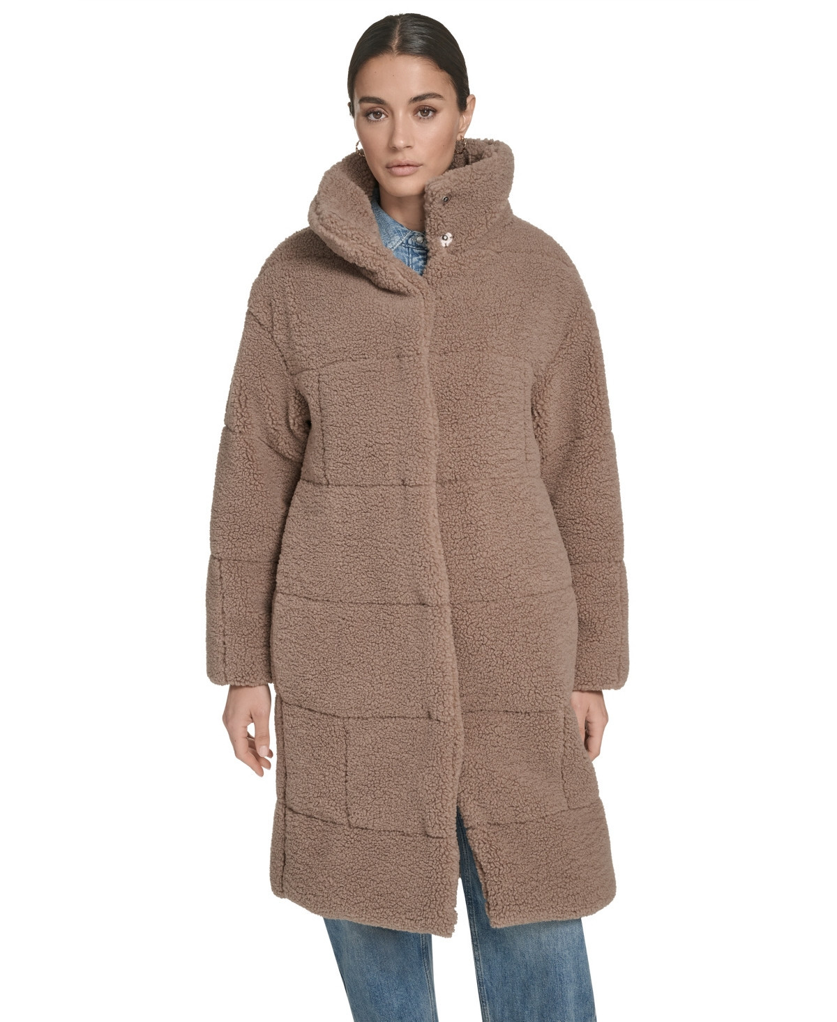 Levi's Women's Long Sherpa Snap-Closure Teddy Coat - Taupe | Macy's