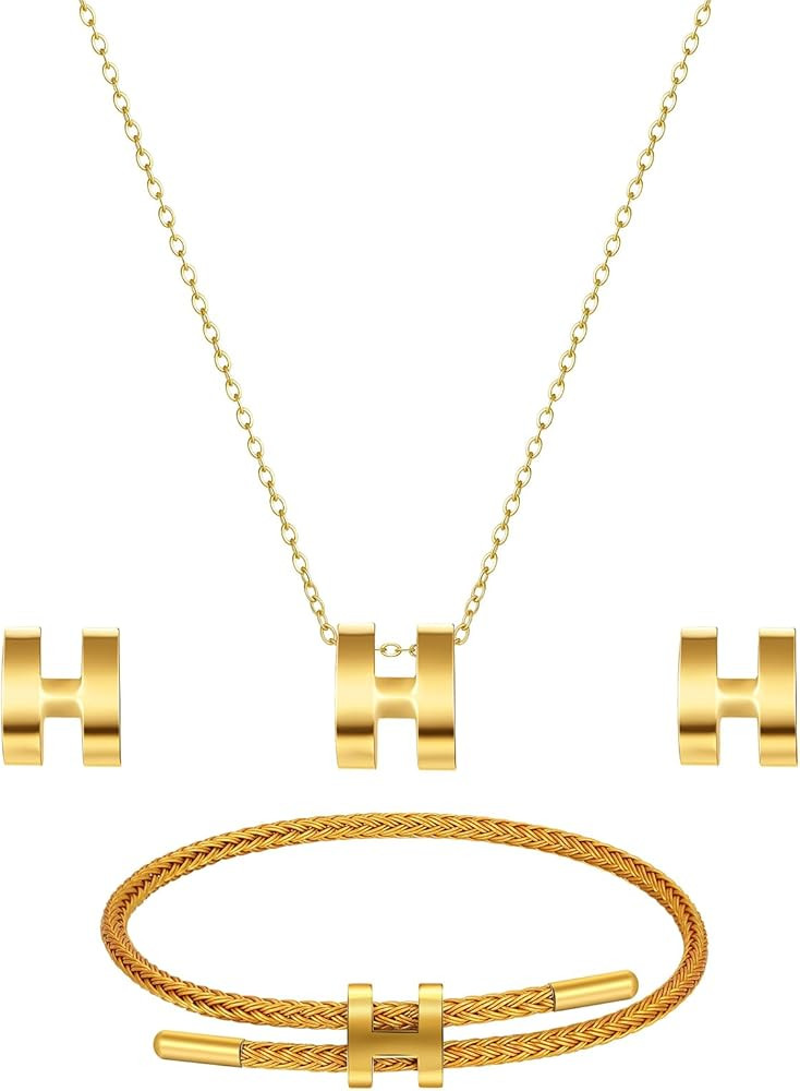 Watdoc H Jewelry Set for Women 3 Piece, H Titanium Steel Necklace, Earrings, Bracelet Set, Hypoal... | Amazon (US)