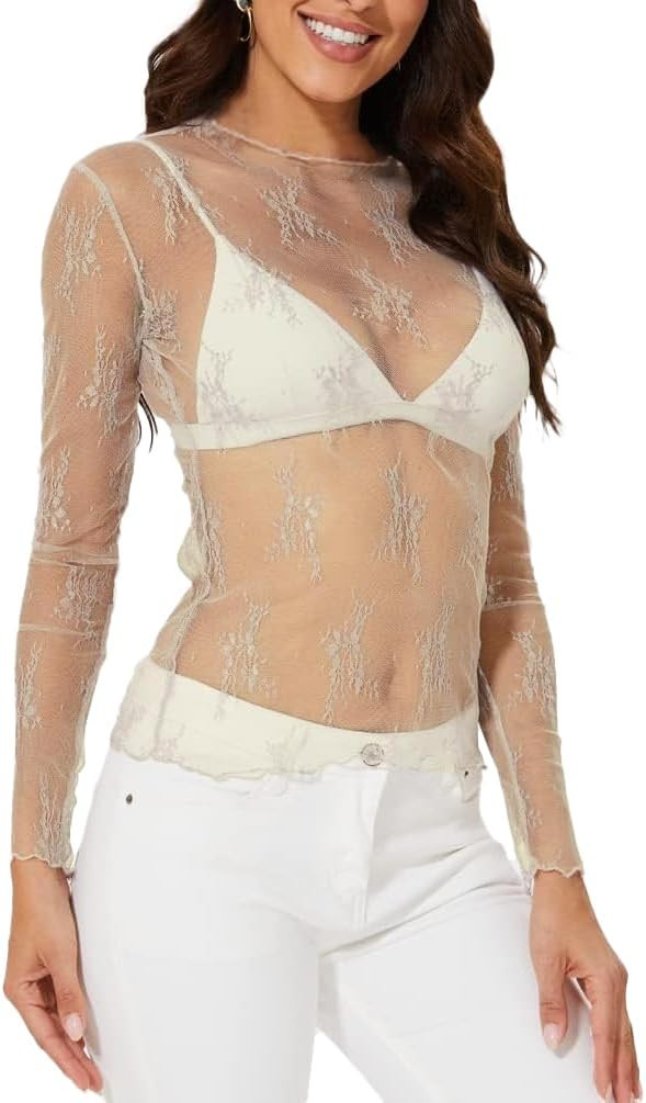WIHOLL Womens Mesh Sheer Tops Sexy Crew Neck Summer Loose FIt Party Clubwear Shirts | Amazon (US)