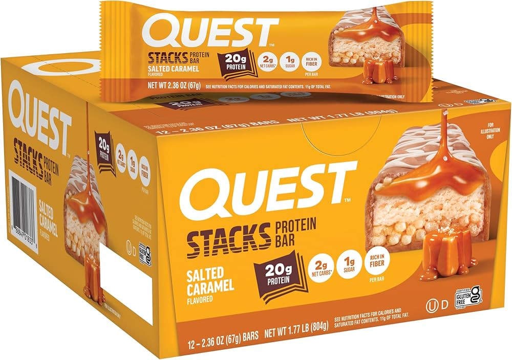Quest Nutrition Stacks Protein Bars, Salted Caramel Flavor, 20g Protein, 2g Net Carbs, 1g Sugar, ... | Amazon (US)