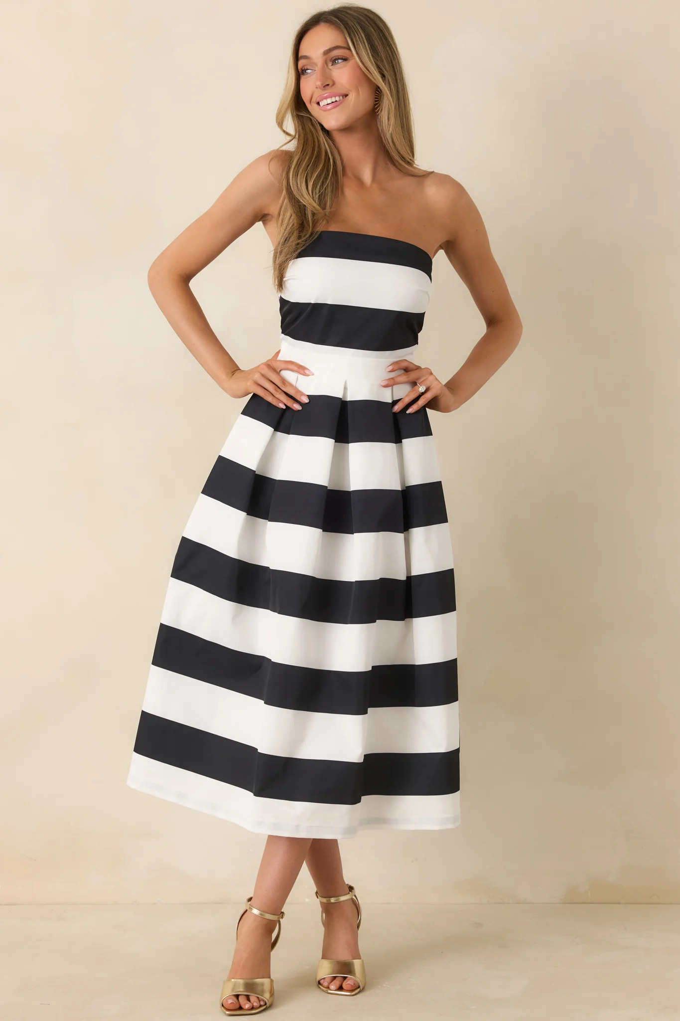 Crisp Contrast Black & White Stripe Strapless Midi Dress | Red Dress
