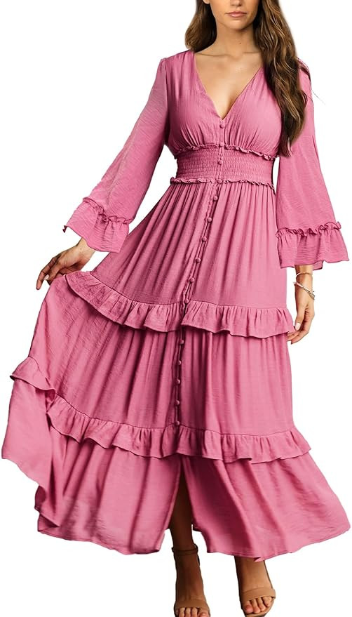 Amegoya Women's V Neck Long Sleeve Boho Maxi Dress Summer Wedding Guest Long Flowy Engagement Dre... | Amazon (US)