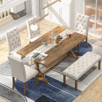 6-Piece Farmhouse Dining Table Set with 72" Wood Rectangular Table and Bench | Wayfair North America