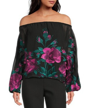 Trina Turk Soho Embroidered Floral Printed Mesh Off-The-Shoulder Long Sleeve Top | Dillard's | Dillard's