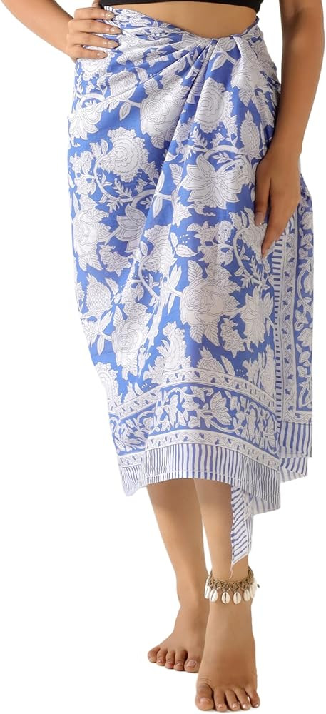 100% Cotton Sarong Cover Up for Women Indian Block Print Beach Wrap Skirt Long Boho Swimsuit Biki... | Amazon (US)